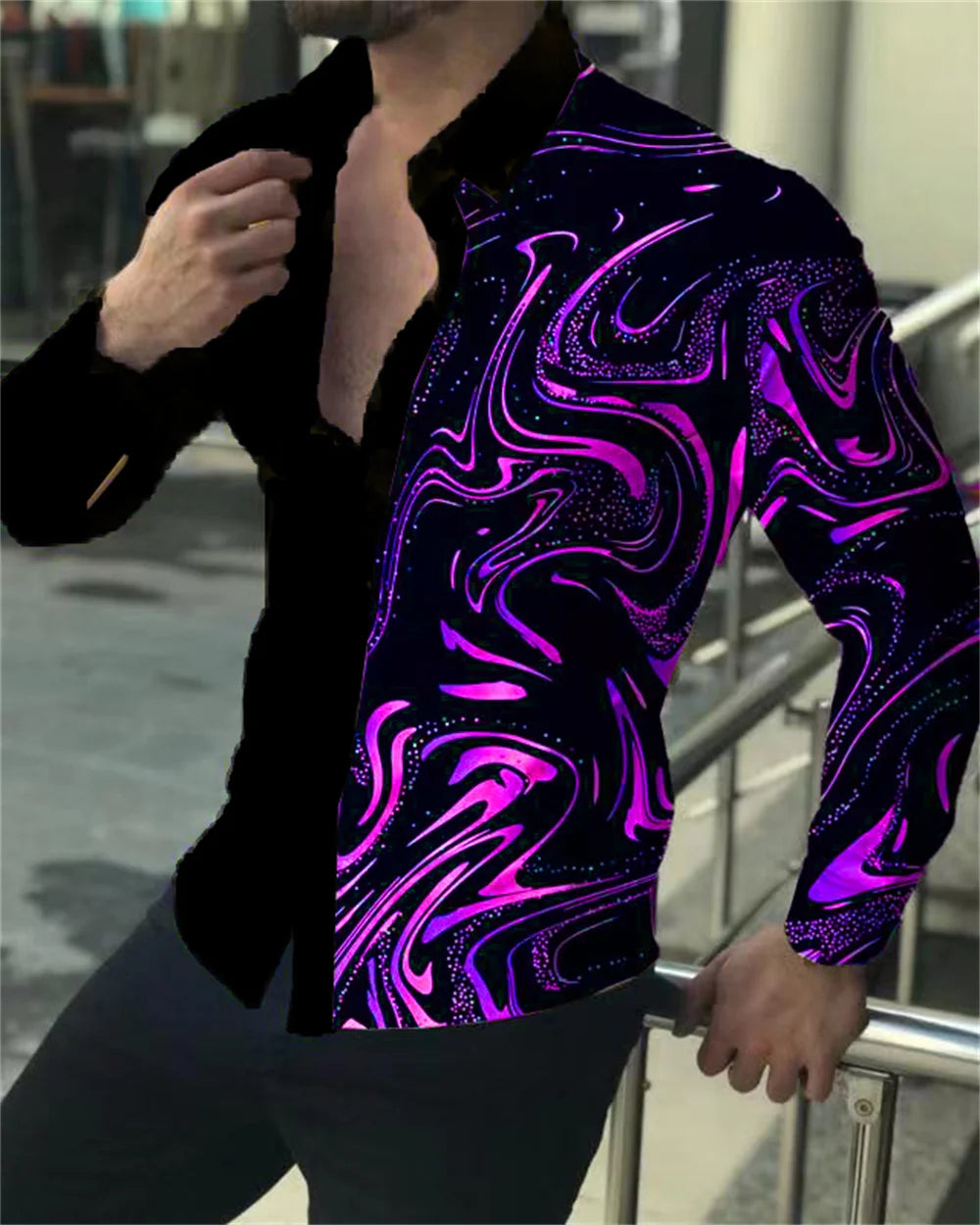 2023 latest men's prom fashion luxury social men's lapel single breasted cardigan shirt casual printing long-sleeved shirt