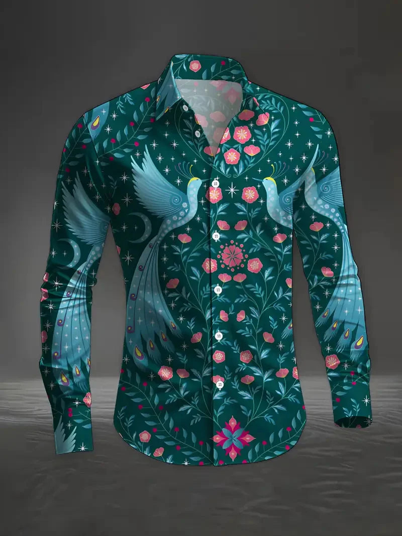 Men's casual long sleeve shirt with 3D color splash print and flap detail, featuring vibrant, artistic fashion design by Showlu Fashion Store.