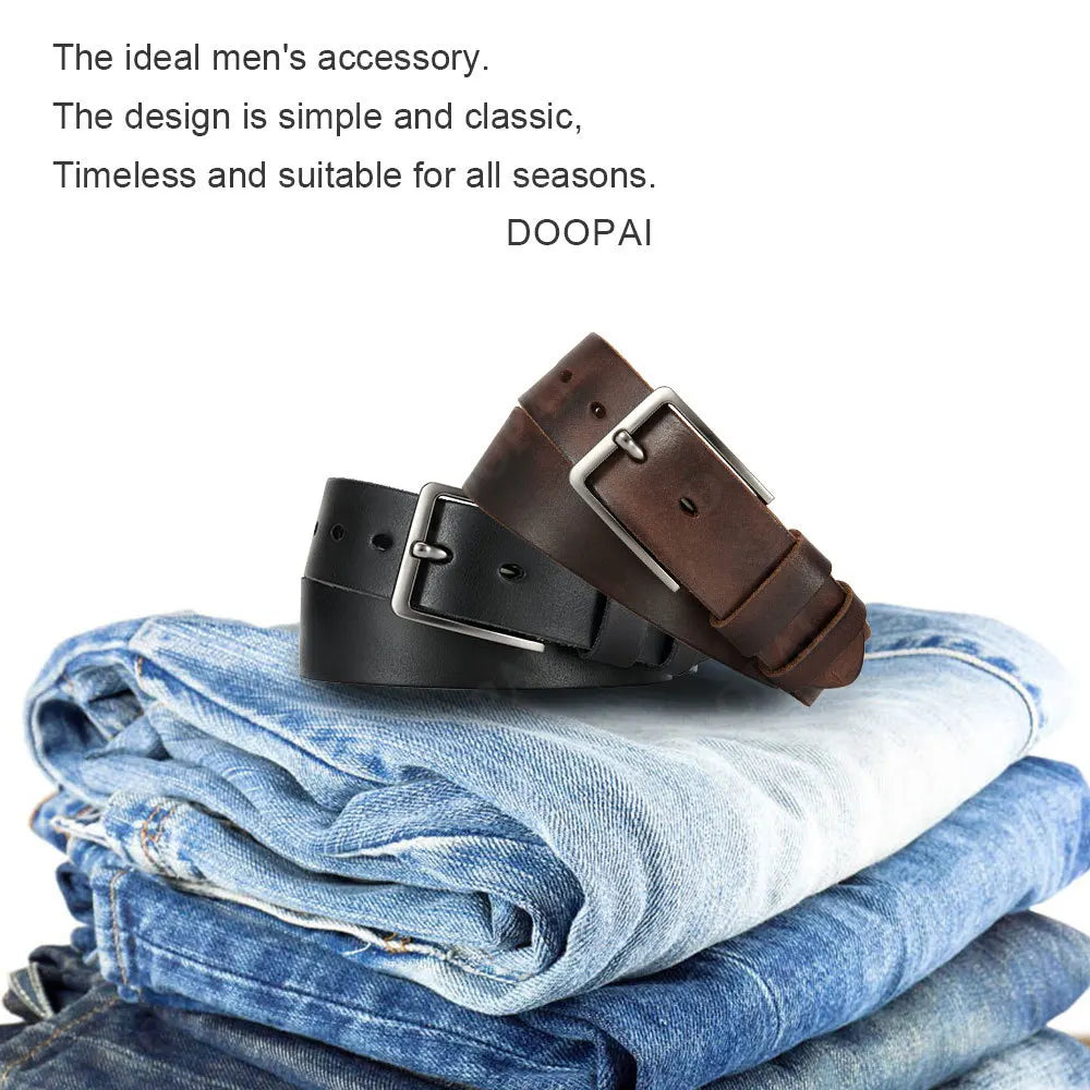 Men's cowhide leather belt with casual metal buckle, stylish top layer accessory from Showlu Fashion Store