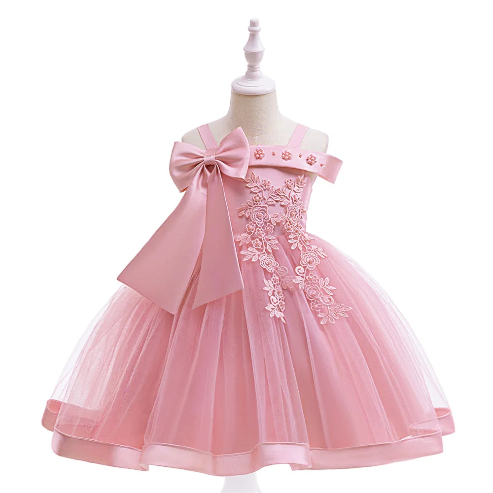 Showlu Fashion girls' princess dress with a bow and flower design, featuring tulle fabric for wedding, prom, or birthday celebrations.