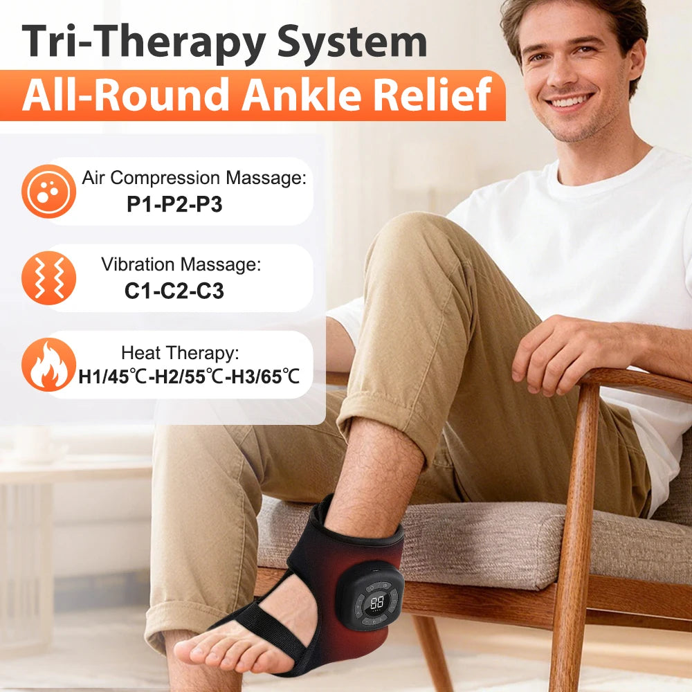Electric foot and ankle massager with heating, compression, and vibration therapy, wrapped around a foot for soothing relief.