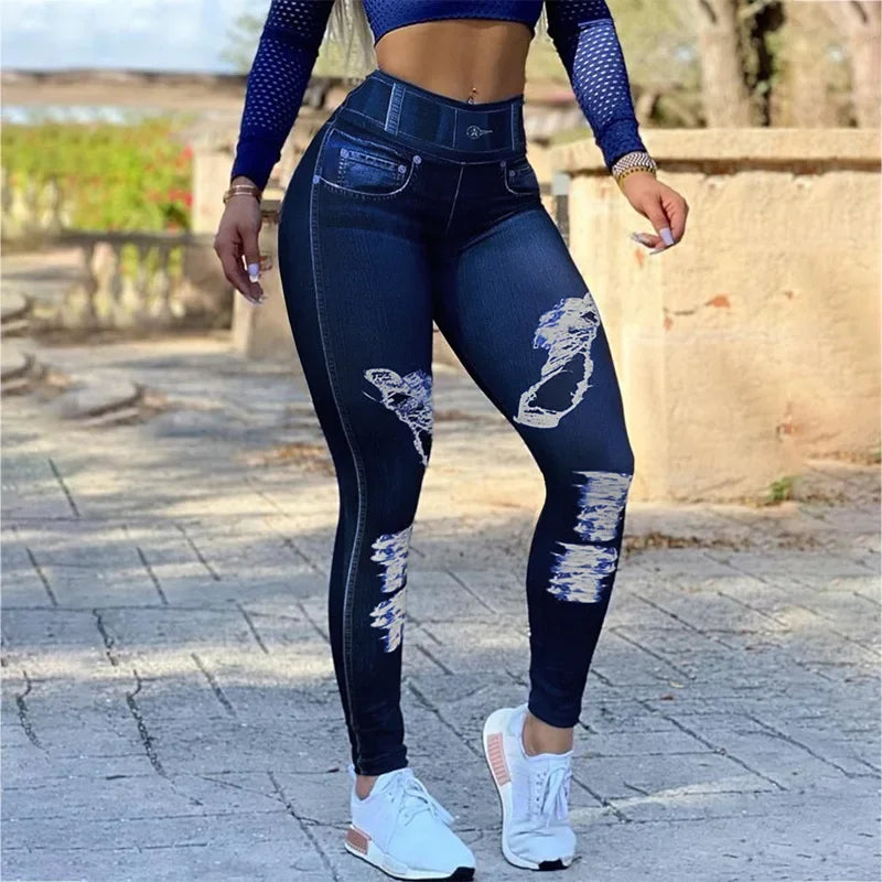 Denim look print high waist tummy control leggings for women, featuring butt lift design, slim fit, spring and summer style.