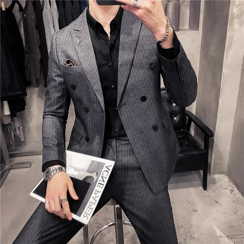 ( Blazer + Pants ) High-end Brand Formal Business Plaid Mens Suit Groom Wedding Dress Solid Color Stage Performance Tuxedo S-7XL SHOWLU FASHION STORE