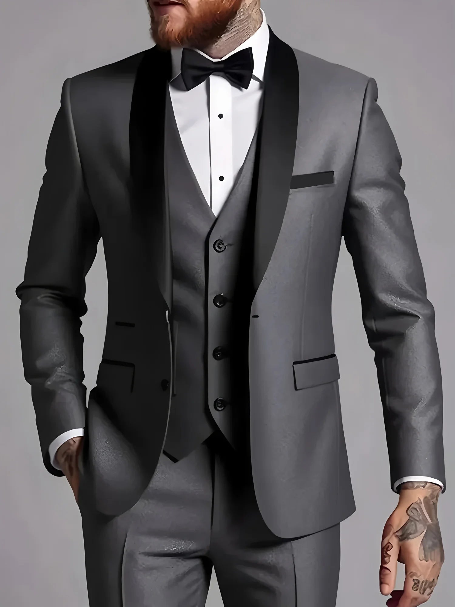 Men's formal business suit with jacket, vest, and trousers in solid color, suitable for office, wedding, or party occasions.