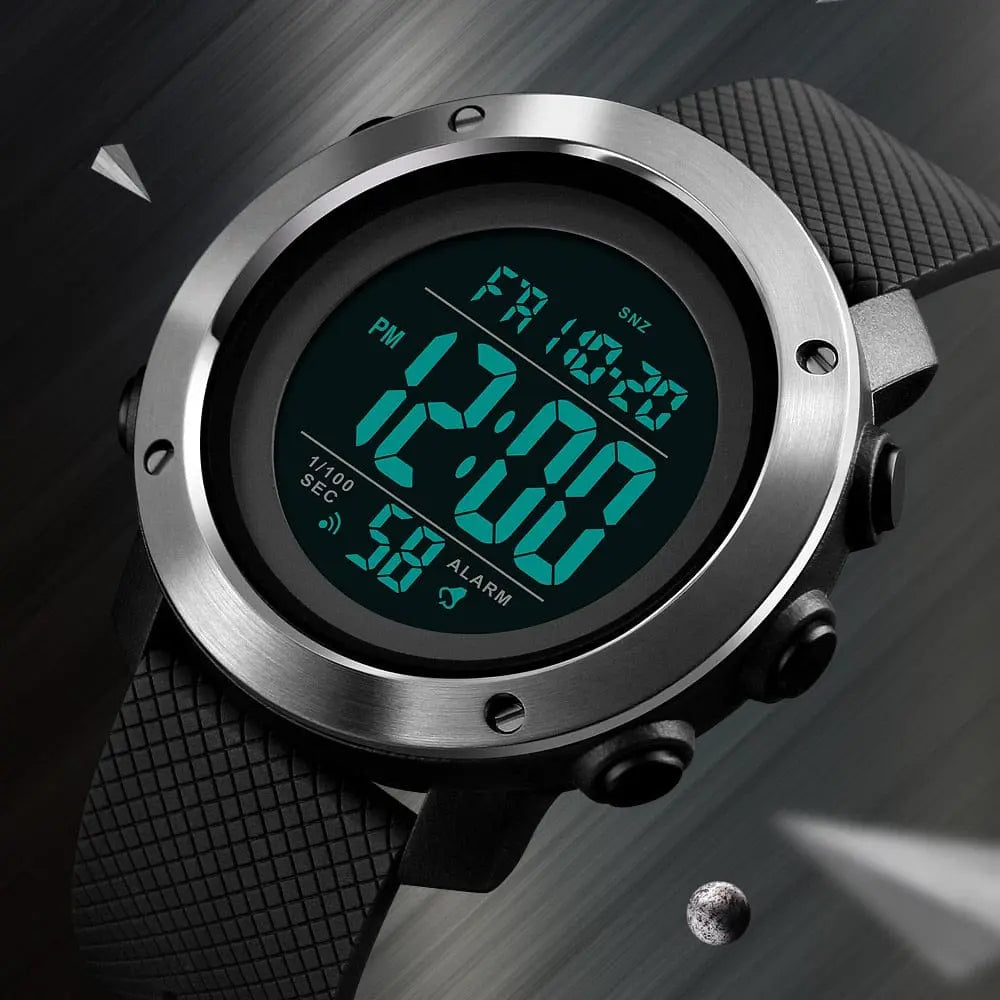 SKMEI men's waterproof LED digital sports watch with shock-resistant design, black band, and digital display on a casual wrist.