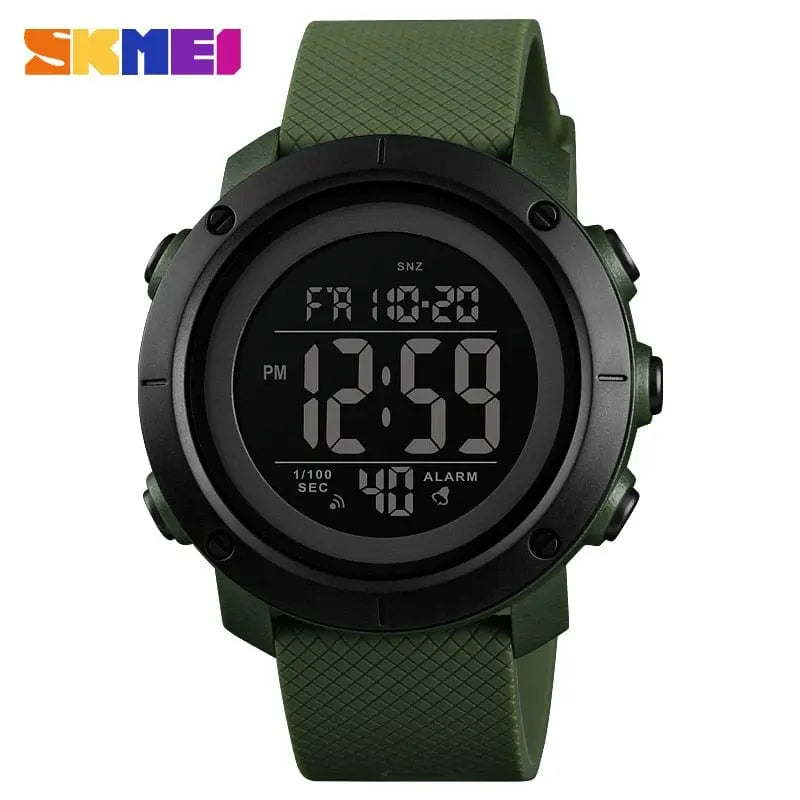 SKMEI men's waterproof LED digital sports watch with shock-resistant design and digital display, shown on a man's wrist.
