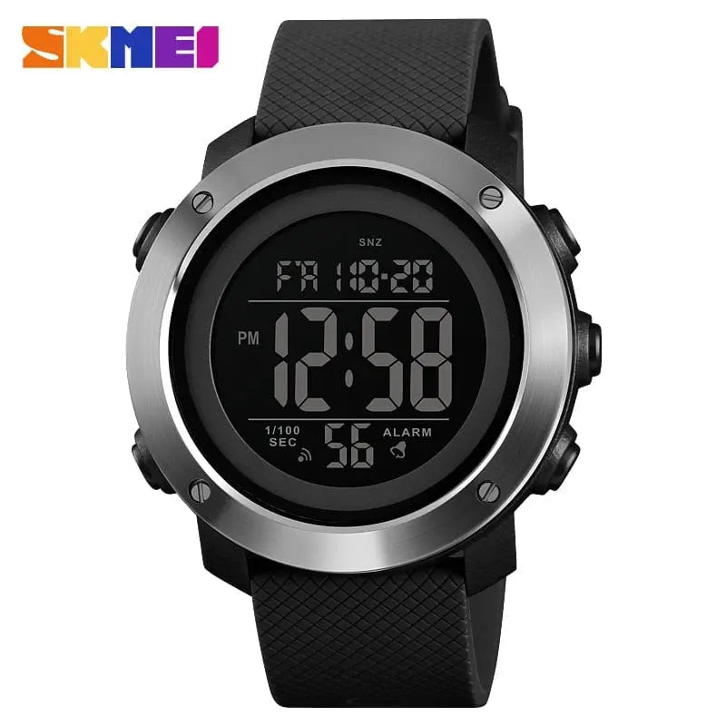 SKMEI men's waterproof LED digital sports watch with shock-resistant design, black strap and digital display on a man's wrist.