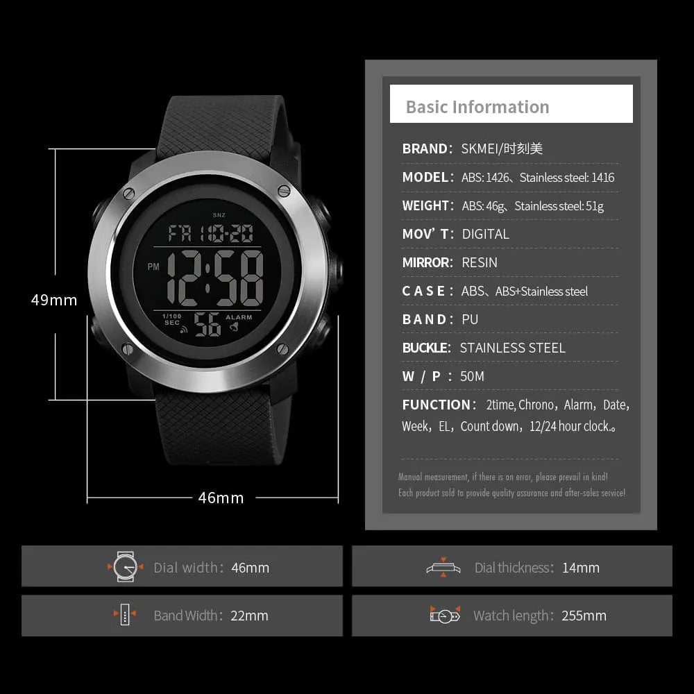 SKMEI men's waterproof LED digital sports watch with shock-resistant design, black strap, and digital display on wrist.