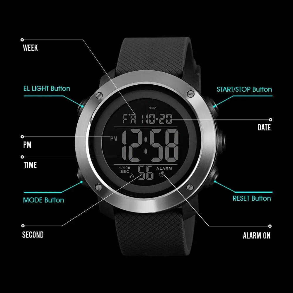SKMEI men's waterproof LED digital sports watch with shock resistance, black strap, and digital display showing time and features
