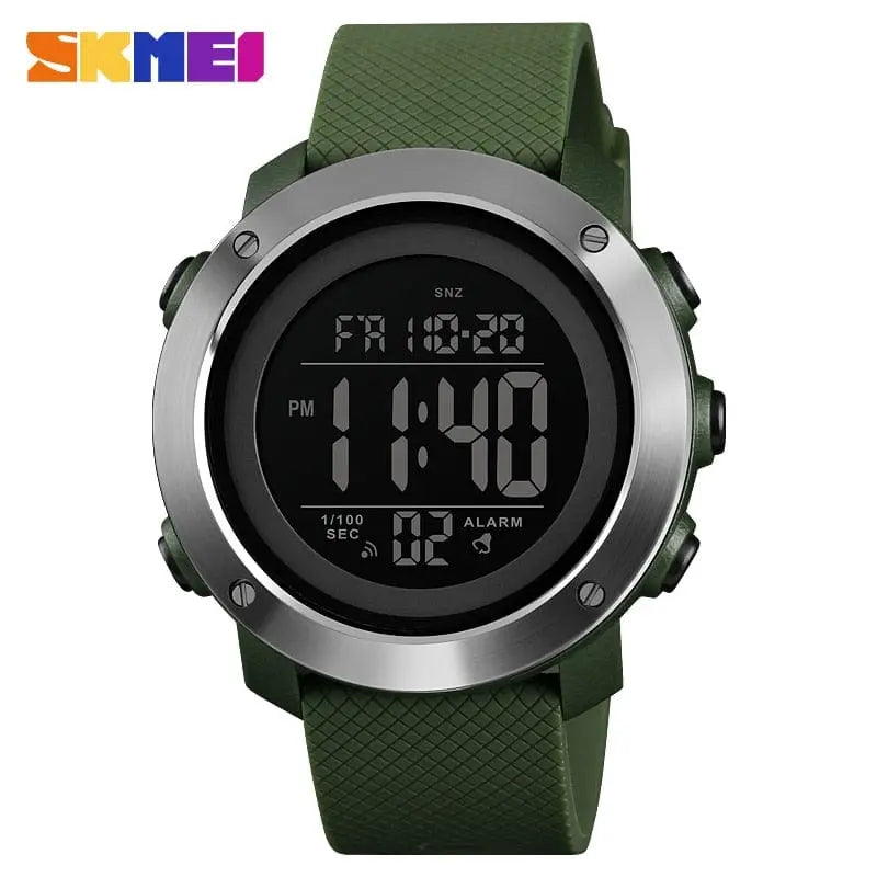 SKMEI men's waterproof LED digital sports watch with shock resistance, black strap, and digital display on a casual wristwatch.