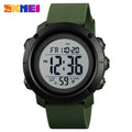 SKMEI men's waterproof LED digital sports watch with shock resistance, black band, and digital display on a casual wristwatch style