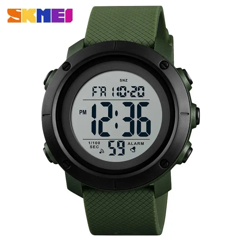 SKMEI men's waterproof LED digital sports watch with shock resistance, black band, and digital display on a casual wristwatch style