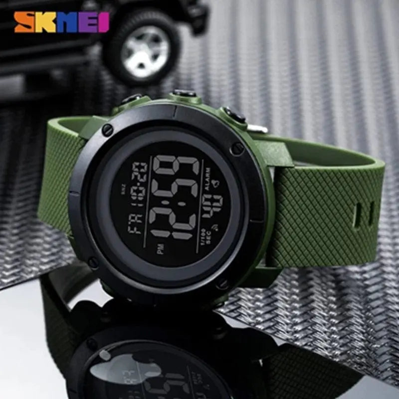 SKMEI men's waterproof LED digital sports watch with shock resistance, black strap, and digital display for casual and athletic wear