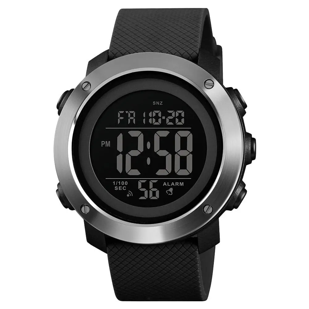 SKMEI men's waterproof LED digital sports watch with shock resistance, black strap, and digital display on a wrist.
