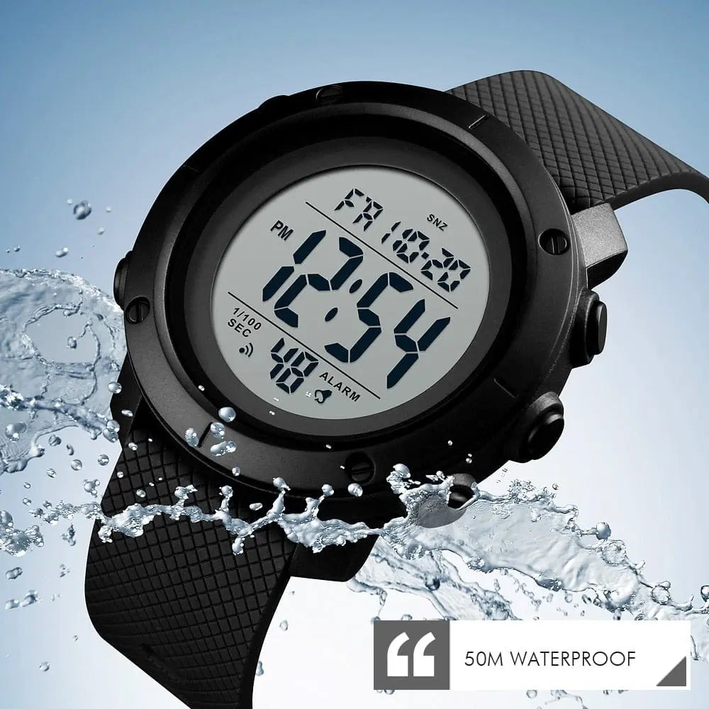 SKMEI men's waterproof LED digital sports watch with shock resistance, black strap, and digital display on a casual wrist.