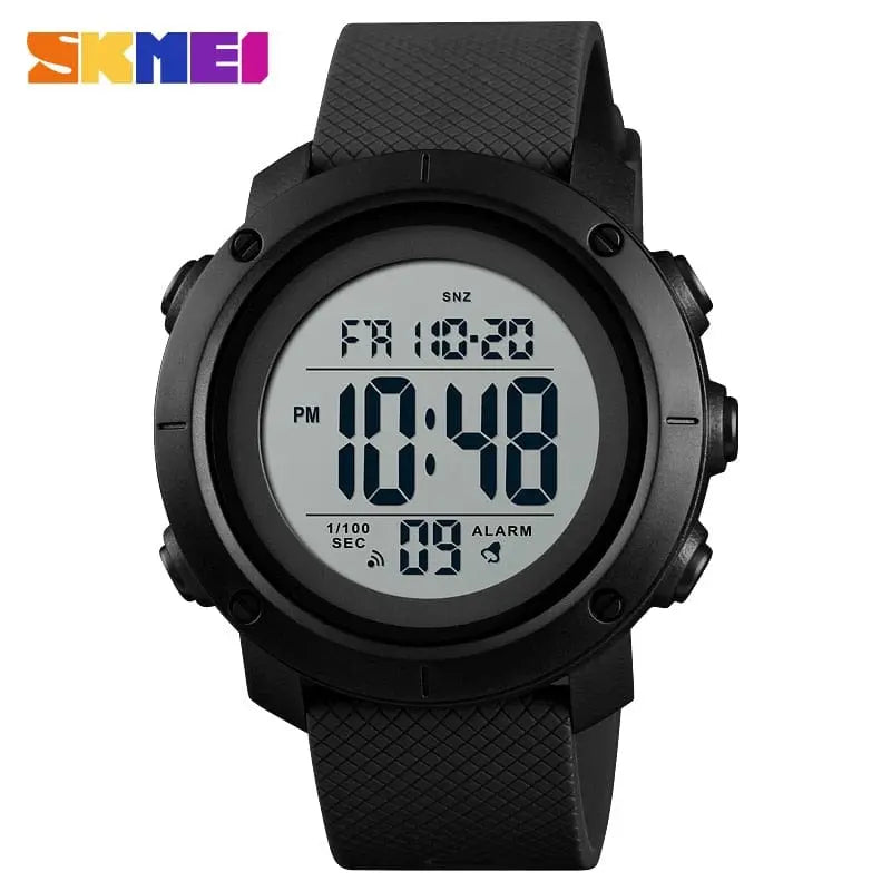 SKMEI men's waterproof LED digital sports watch with shock resistance, black strap, digital display, and sporty design.