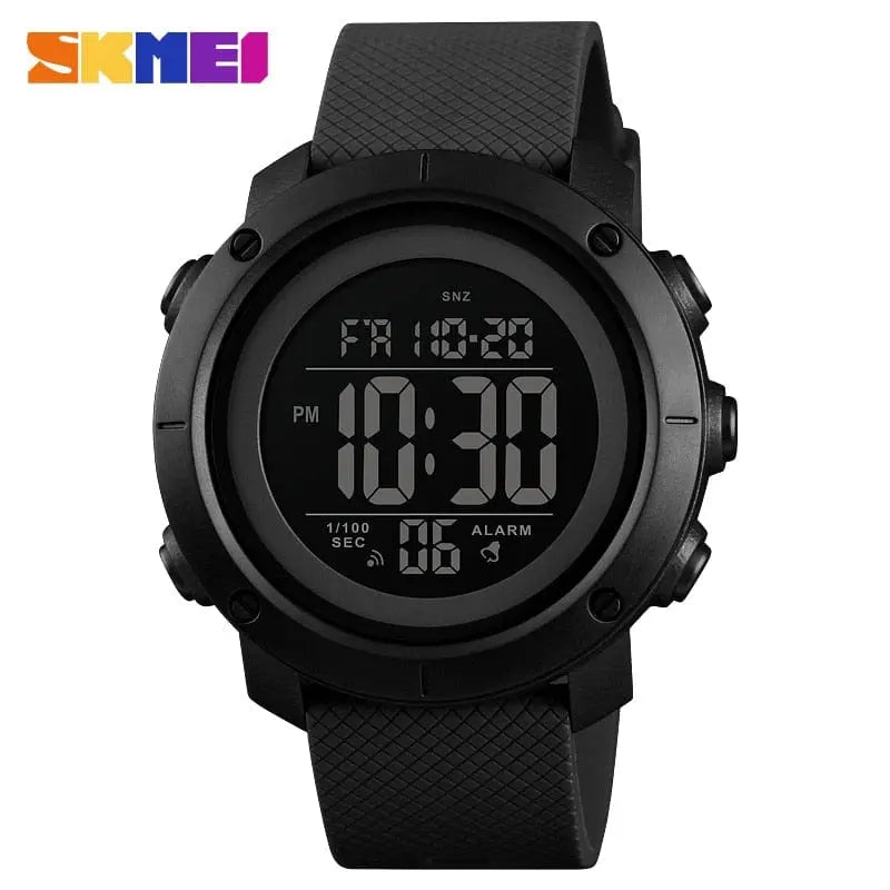 SKMEI men's waterproof LED digital sports watch with shock resistance, black band, and digital display on a man's wrist