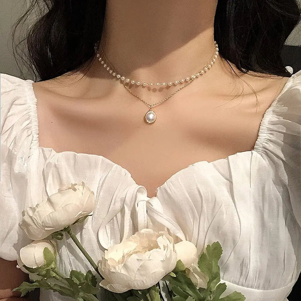 Sumeng Pearl Choker Necklace for women featuring a double-layer chain and pendant, stylish jewelry from Showlu Fashion Store.