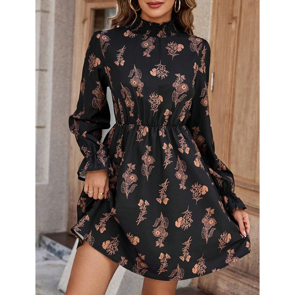 Mia Muse Women's Dresses Autumn Elegant Decent Floral Long Sleeve Stand Collar Mini Shift Casual Dresses SHOWLU FASHION STORE