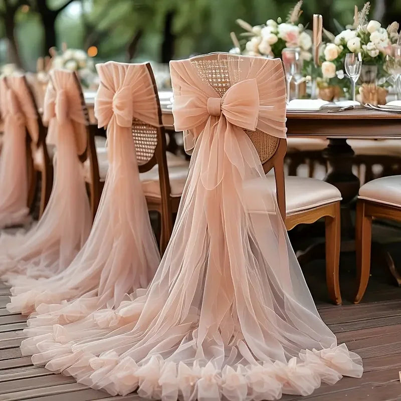 Set of 50-10 wedding chair sashes and bows in 200x75cm gauze fabric, perfect for elegant aisle and party chair decor.