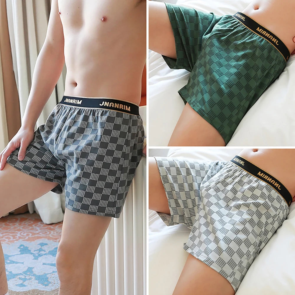 Showlu men's cotton plaid boxer shorts in a 3-pack, loose-fitting, breathable underwear for comfort and casual wear.