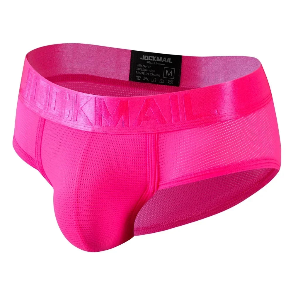 Men's nylon mesh briefs by JOCKMAIL, quick-dry solid color underwear with breathable, lightweight nylon fabric for comfort.