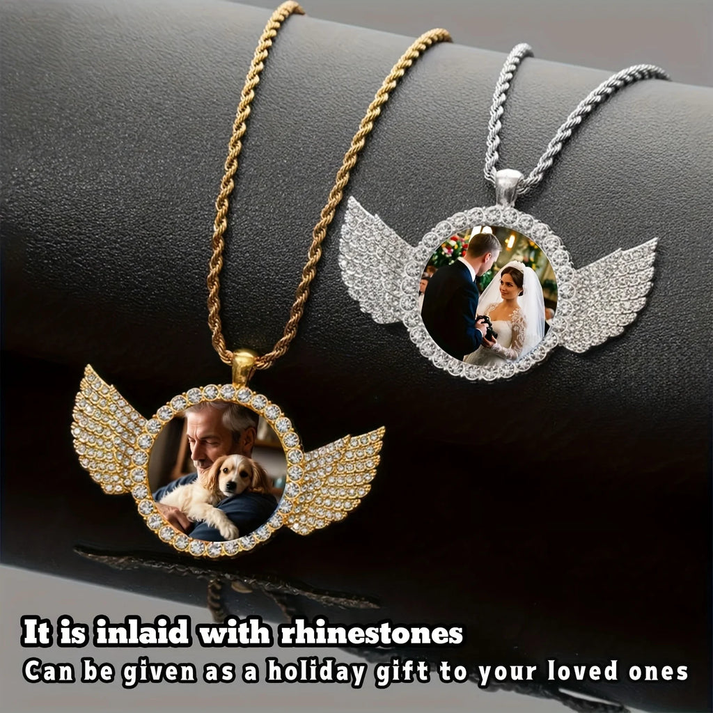 Showlu Custom Angel Wing Photo Necklace with zinc alloy memory pendant featuring angel wing design and personalized photo insert.