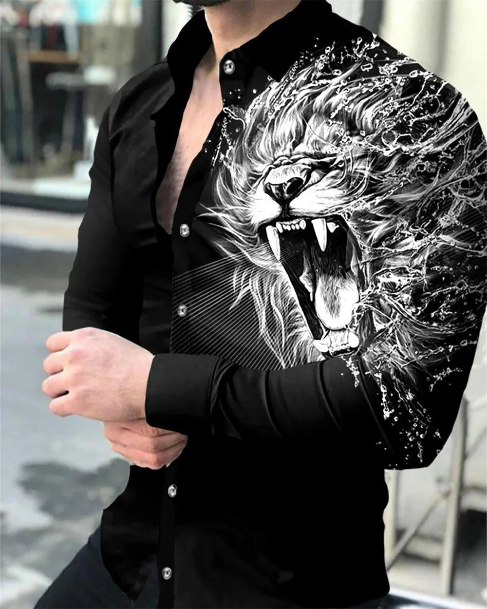 Men's casual long-sleeve button shirt with designer prints, lapel collar, made by Showlu Fashion in 2023 spring collection.