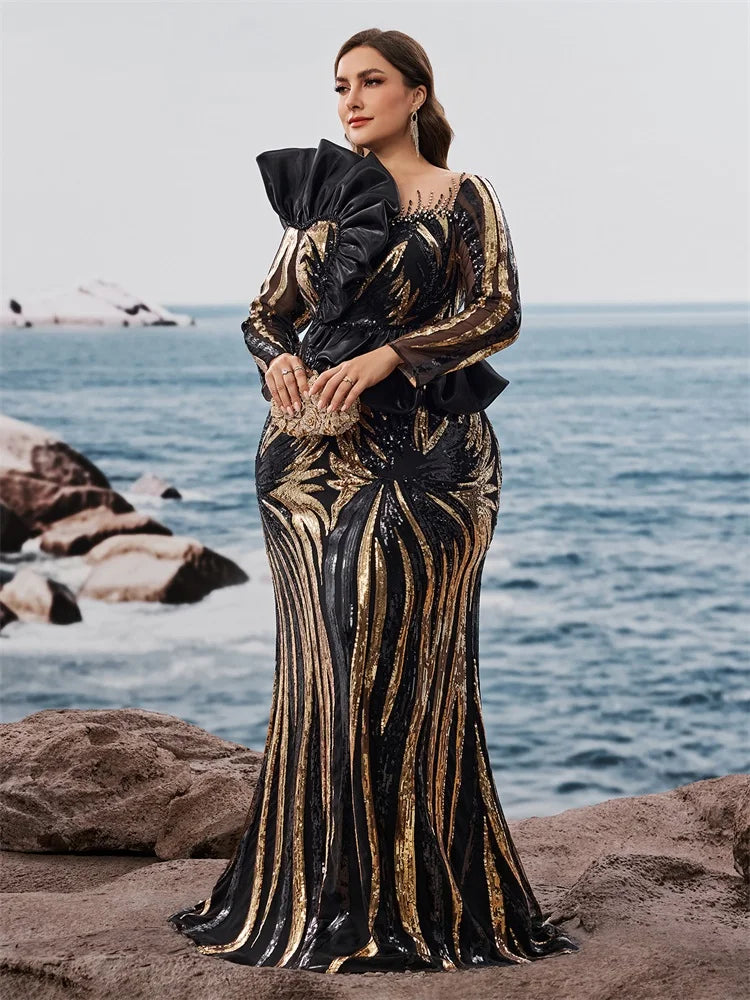 Showlu Fashion Plus Size luxury sequin evening gown with ruffles, long sleeves, mermaid silhouette, perfect for formal weddings and parties.