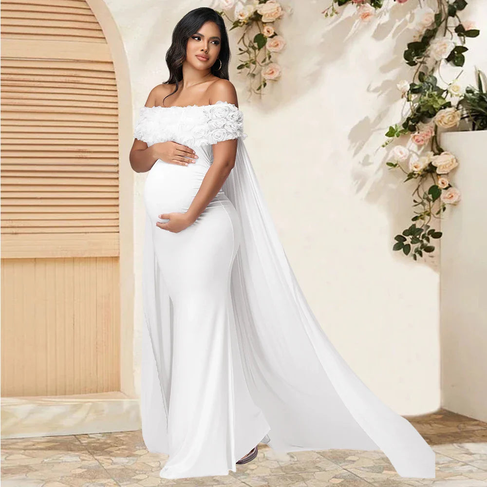 Floral off-shoulder maternity gown with mesh cloak, maxi dress for photoshoot, elegant maternity fashion by SHOWLU FASHION STORE