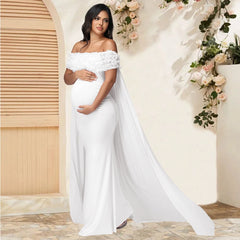 Maternity Floral off Shoulder Dress Mesh Cloak Maxi Party Gown for Baby Shower Photoshoot