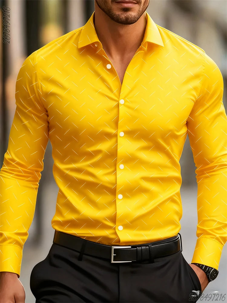 Men's long-sleeved geometric pattern shirt in 17 colors, fashionable, comfortable, non-iron business casual top by Showlu Fashion.