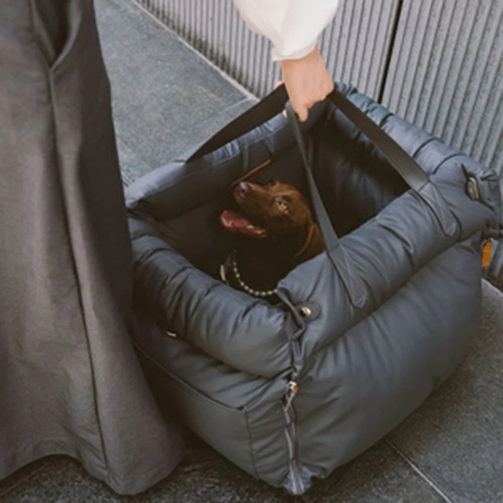 Breathable Showlu Portable Car Pet Carrier with soft dog bed for backseat travel, designed for comfort and safety during car trips.