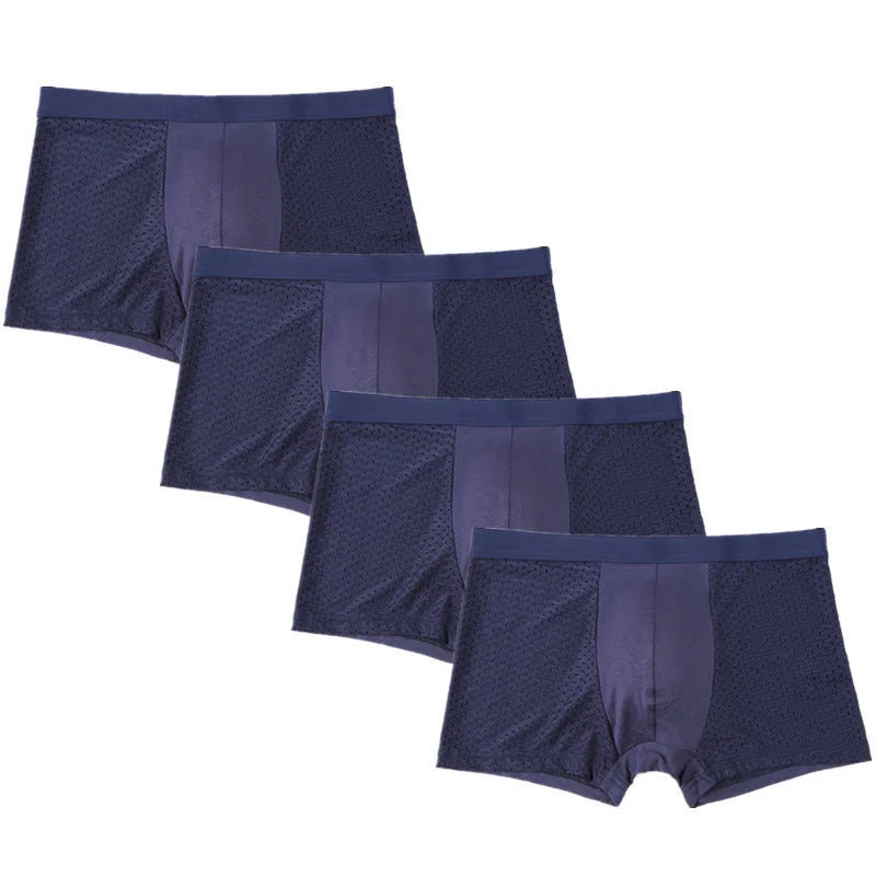 Showlu men's ice silk boxer briefs in a 4-pack, breathable mesh underwear with a close-up of the soft, lightweight fabric and fit.