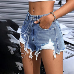 Summer 2025 Fashion: Women's Jeans Hot Girl Street Ripped Chain Shorts Low-Waisted Sexy Slimming Straight-Leg Pants
