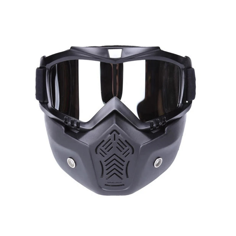 Full face bicycle helmet with anti-fog mask, safety goggles, and mouth filter for airsoft, paintball, and hunting activities.
