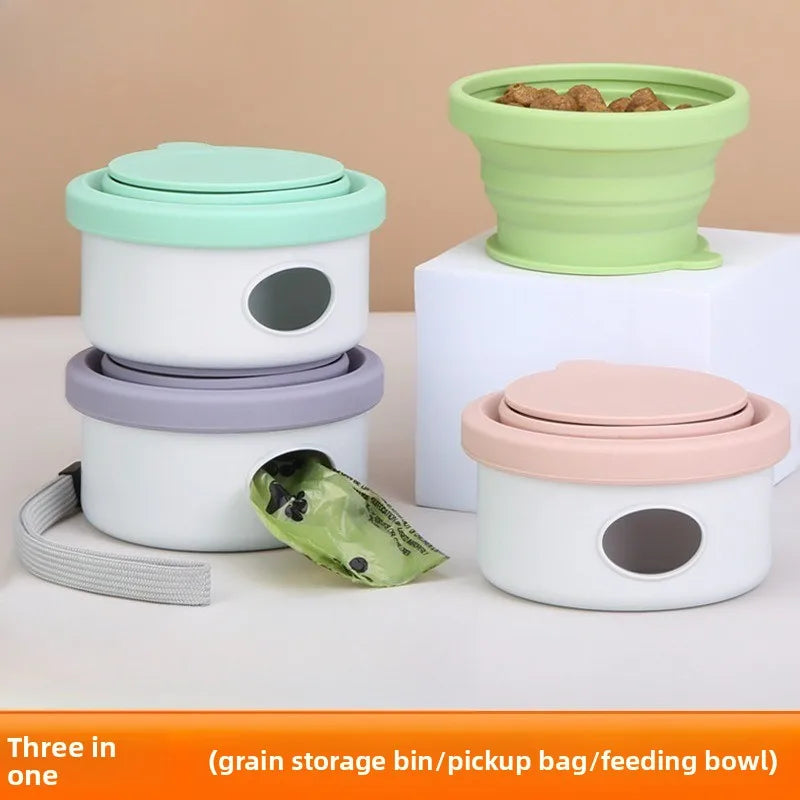 Showlu 3-in-1 portable dog water bottle with leak-proof travel food bowl, ideal for pet hydration during outdoor adventures.
