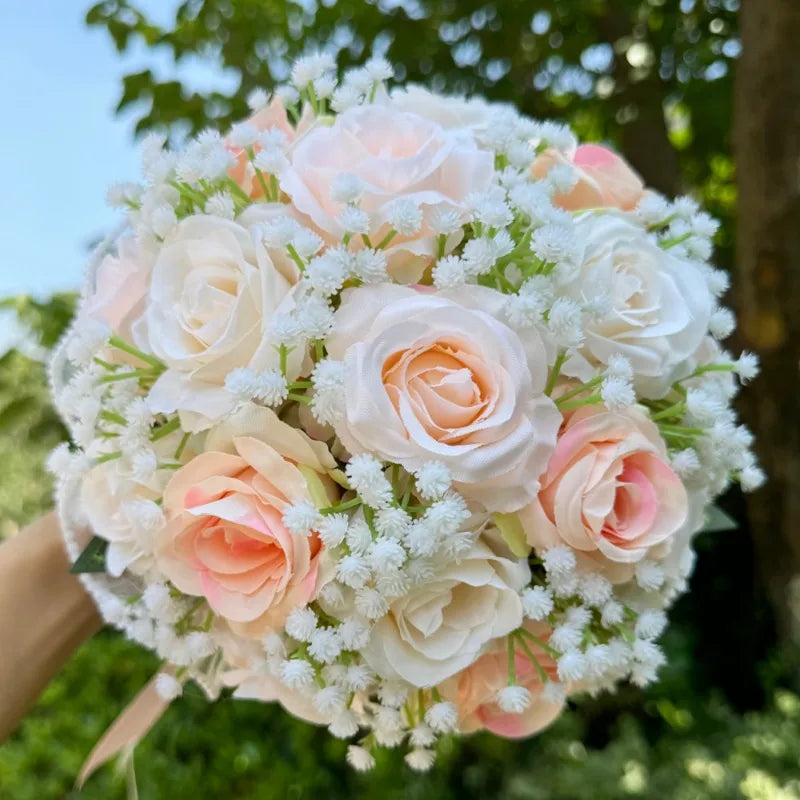 Wedding Bouquets for Bride Babysbreath Rose Bridesmaid Bouquets Silk Ribbon Valentine's Day Decoration Pearl Lace Mesh Ball Gift