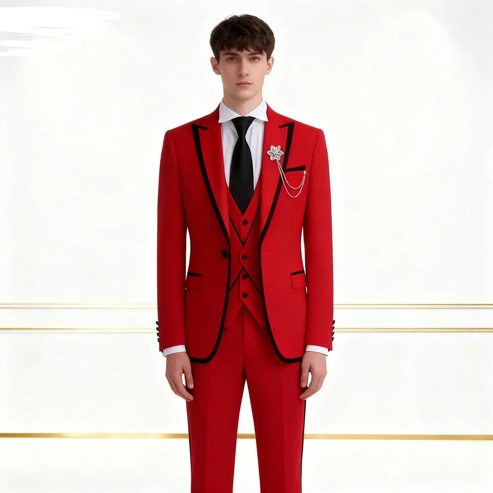 Men's solid slim fit 3-piece business suit set with blazer, vest, and pants, perfect for weddings and formal occasions.