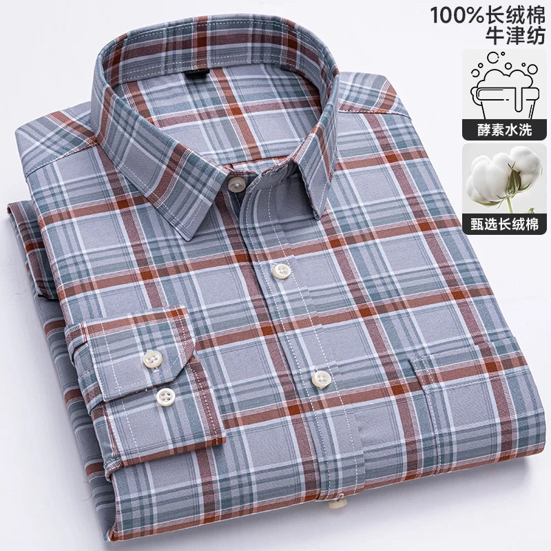 Men's long sleeve plaid Oxford shirt in pure cotton, regular fit, formal dress style, available in 6XL and 7XL, by Showlu Fashion