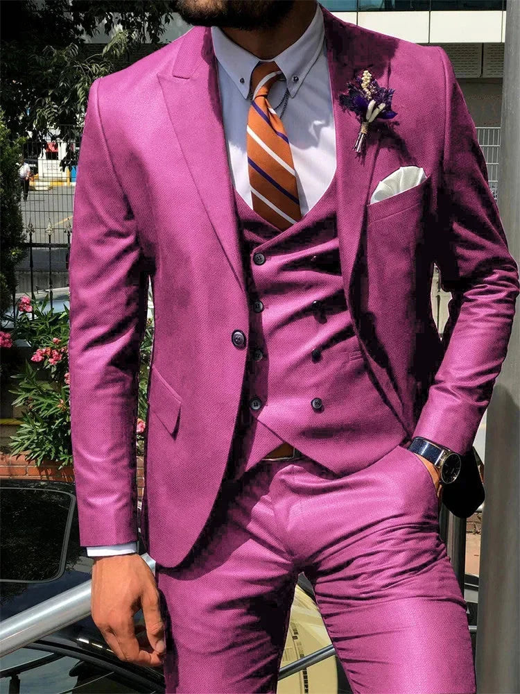 Dark blue SHOWLU men's 3-piece slim fit suit with cotton fabric, ideal for weddings and formal occasions.