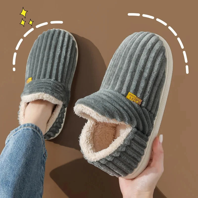 Showlu Fashion Store men's winter plush slippers with soft fur, cotton interior, indoor fluffy house shoes, casual and cozy footwear.