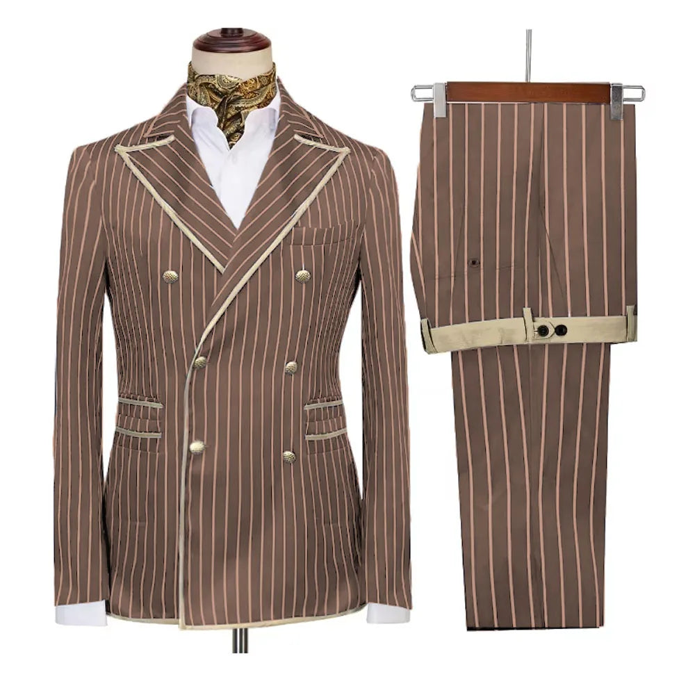 Stylish men's striped double-breasted suit blazer and pants set with peak lapel, slim fit, suitable for formal or smart-casual occasions