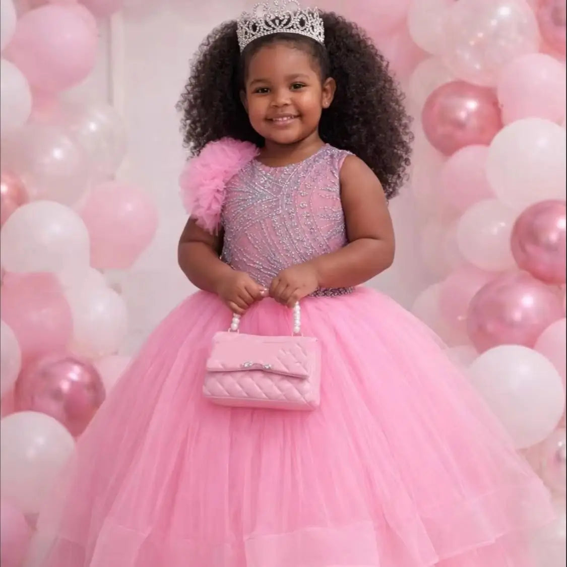 Pink Beading Flower Girl Dress For Wedding Princess Ruffles Girls Birthday Party Kids Pageant Ball Gowns Customized
