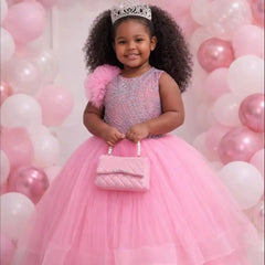 Pink Beading Flower Girl Dress For Wedding Princess Ruffles Girls Birthday Party Kids Pageant Ball Gowns Customized