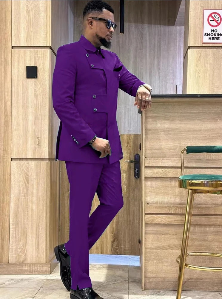 Slim fit Showlu men's Italian style 2-piece suit with single-breasted serge fabric, tailored for a sharp, modern look.