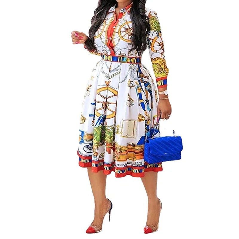 SHOWLU Women's printed A-line high-waisted midi dress, elegant and stylish, featuring vibrant floral patterns and a flattering fit.