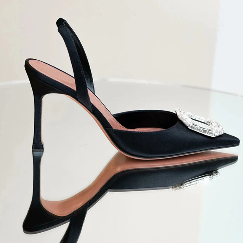 Black silk stiletto heels for women with rhinestone detailing and pointed toes, stylishly designed by SHOWLU FASHION STORE