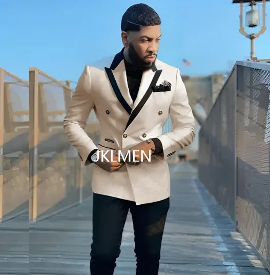 Elegant white double-breasted men's tuxedo suit with slim fit, top lapel, tailored for formal occasions and prom events.