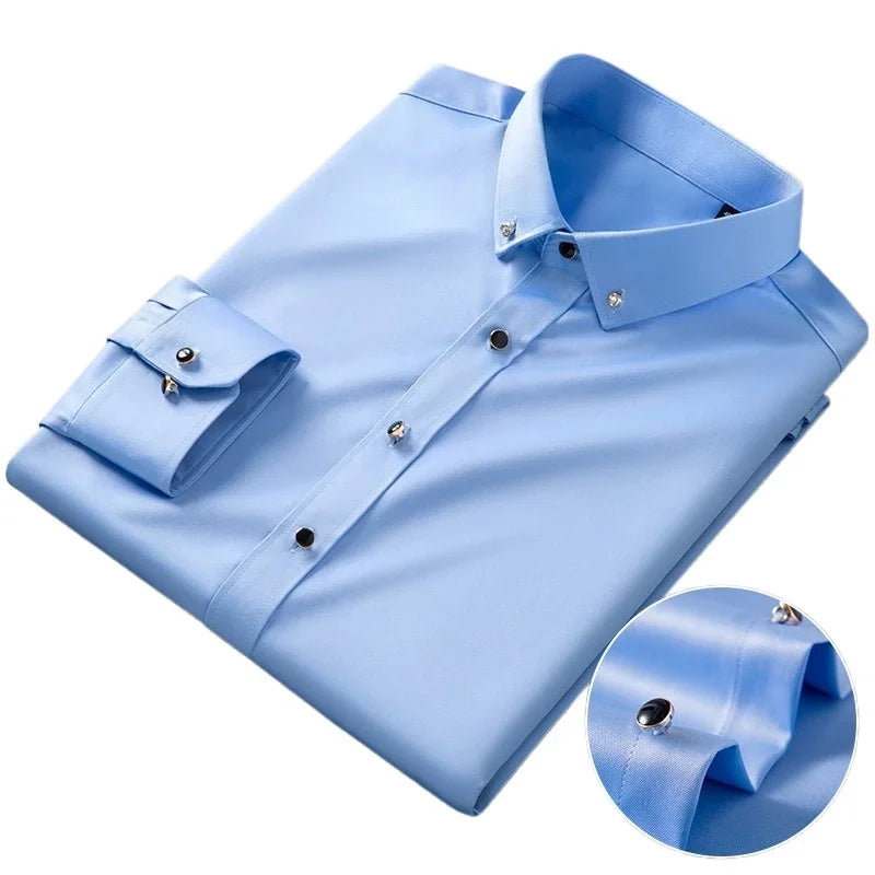 Men's long sleeve silk shirt with diamond buttons, soft stretch fabric, no-iron, anti-wrinkle, formal business fashion by Showlu Fashion